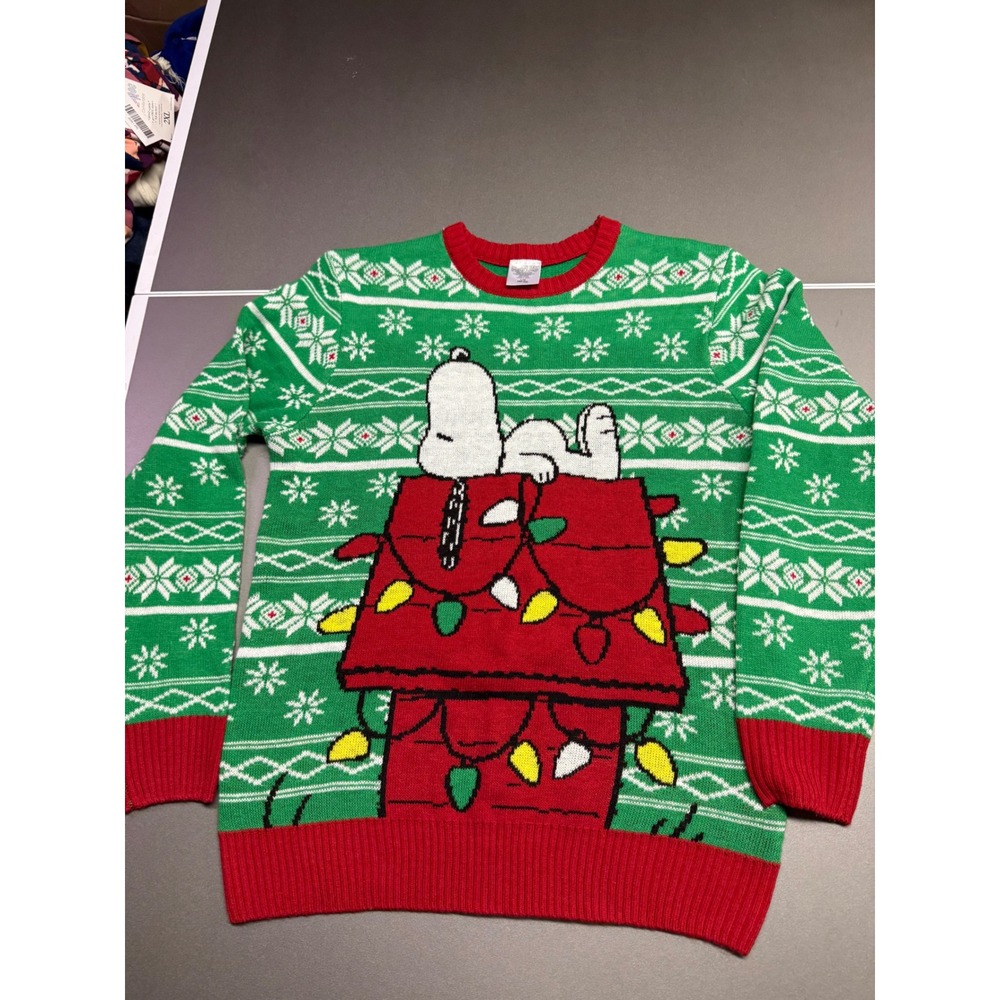 Peanuts Snoopy Christmas Doghouse Ugly Holiday Sweater Green Red Mens Large L
